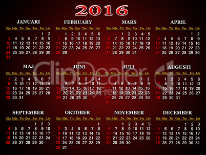 calendar for 2016 in Sweden on claret