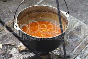 cauldron of soup cooked on coals