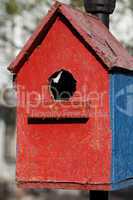 bright red bird house