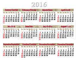 calendar for 2016 in English and French on white