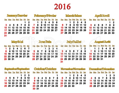 calendar for 2016 in English and French on white