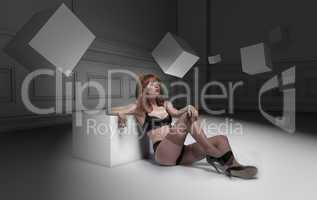 lingerie woman surrounded by 3d cube art
