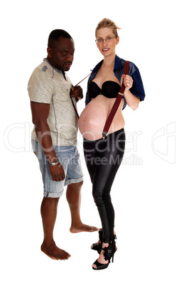 Pregnant women with suspender and black man.
