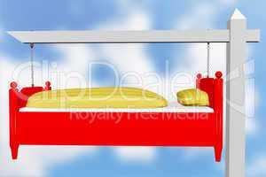 Gallows with suspended bed as advertising sign