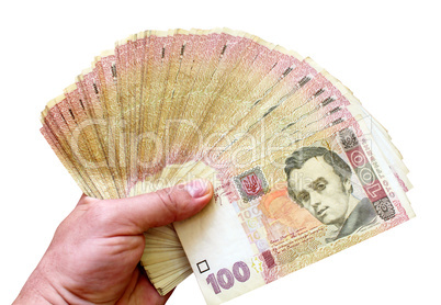 Ukrainian money of value 100 in the hand isolated