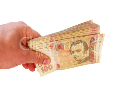 Ukrainian money of value 100 in the hand isolated