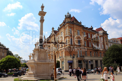 street in Lviv with monument