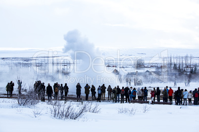 Visitors at the geyser erruption of Strokkur, Iceland