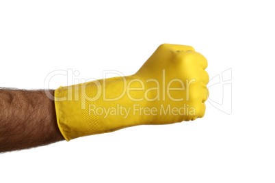 Man with yellow cleanin glove