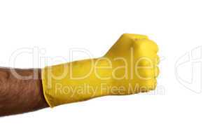 Man with yellow cleanin glove