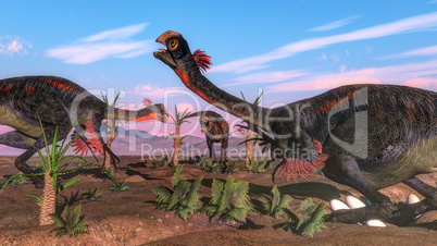 Tyrannosaurus rex attacking gigantoraptor dinosaur and eggs - 3D render