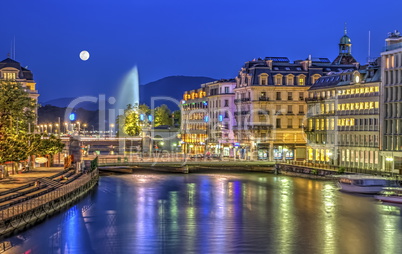 Urban view with famous fountain, Geneva, Switzerland, HDR