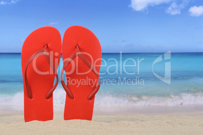 Flip Flops Sandalen am Strand im Sommer und Urlaub mit Textfreir