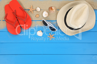 Strand Szene im Sommer und Urlaub mit Muscheln, Textfreiraum