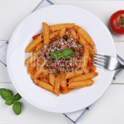 Italienisches Essen Penne Rigate Bolognese Sauce Nudeln Pasta Ge
