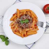 Italienisches Essen Penne Rigate Bolognese Sauce Nudeln Pasta Ge