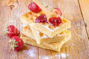 homemade waffles with strawberry jam