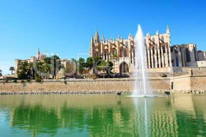 The fountain near Cathedral of Santa Maria of Palma in Palma de