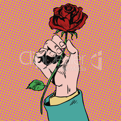 Flower red rose in his hand men love Bud art pop retro vintage