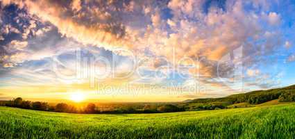 Panorama of a colourful sunset on a green meadow