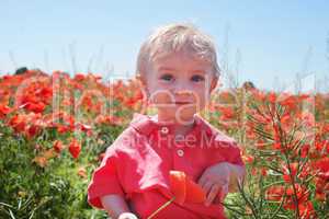 little baby boy posing on poppy fields