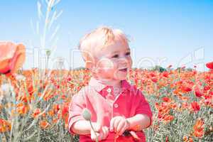 little baby boy posing on poppy fields