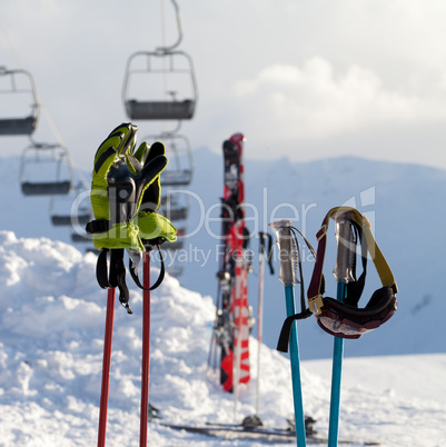 Protective sports equipments on ski poles at ski resort