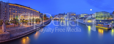 Urban view with famous fountain and Rhone river, Geneva, Switzerland, HDR
