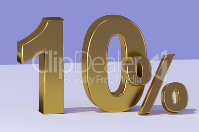 ten, as a golden three-dimensional figure with percent sign