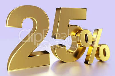 twenty-five, as a golden three-dimensional figure with percent sign