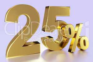 twenty-five, as a golden three-dimensional figure with percent sign