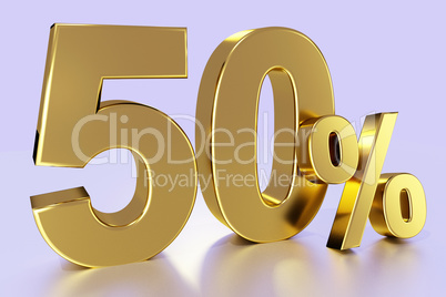 fifty, as a golden three-dimensional figure with percent sign