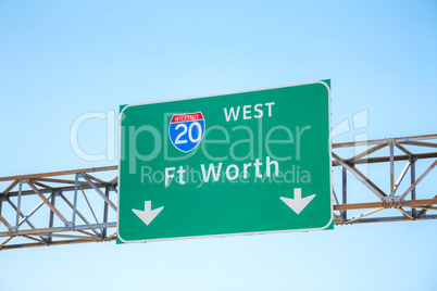 Road sign with the direction to Fort Worth