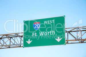 Road sign with the direction to Fort Worth
