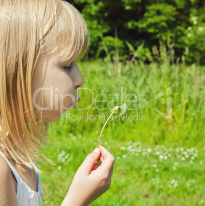 child blowing on a dandelion