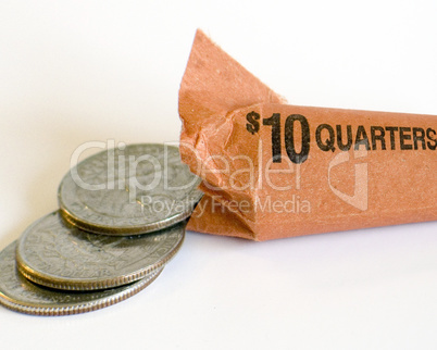 Ten Dollar Roll of American Quarters Open at End