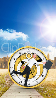 Composite image of happy businessman leaping with his briefcase