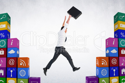 Composite image of businessman leaping with his briefcase