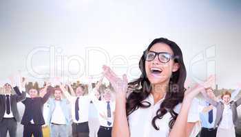 Composite image of pretty brunette in hipster glasses