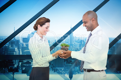 Composite image of business colleagues holding plant together