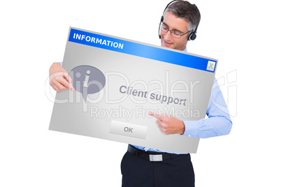 Composite image of happy businessman with headphone presenting a