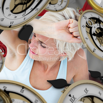 Composite image of depressed woman on the floor