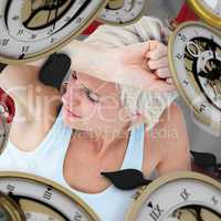 Composite image of depressed woman on the floor