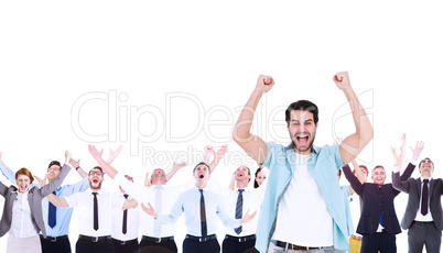 Composite image of happy casual man cheering at camera