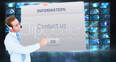 Composite image of businessman presenting card wearing headset