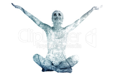 Composite image of toned young woman sitting with arms outstretc