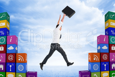 Composite image of businessman leaping with his briefcase