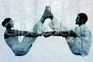 Composite image of peaceful couple sitting in boat position toge