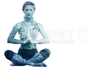 Composite image of calm blonde sitting in lotus pose with hands