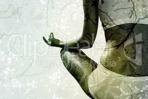 Composite image of fit woman sitting in lotus pose